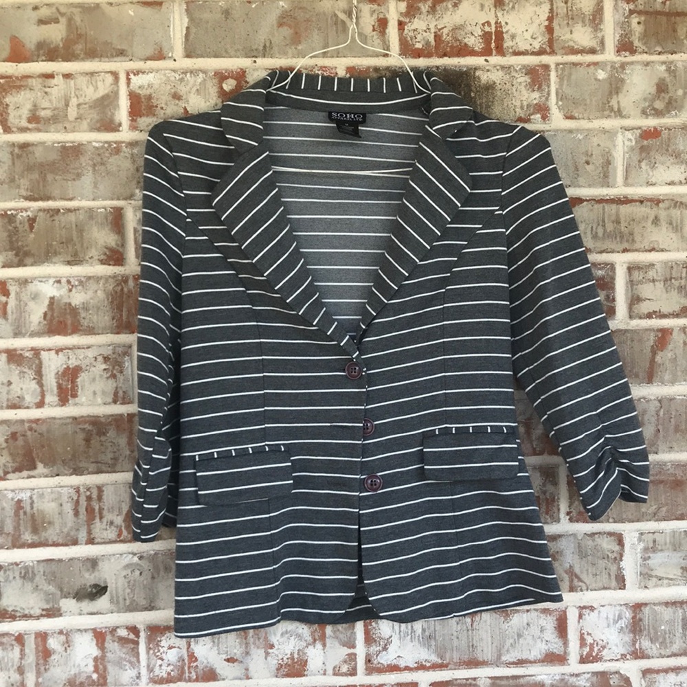 Soho Apparel Gray White Striped 3/4 Sleeve Blazer
